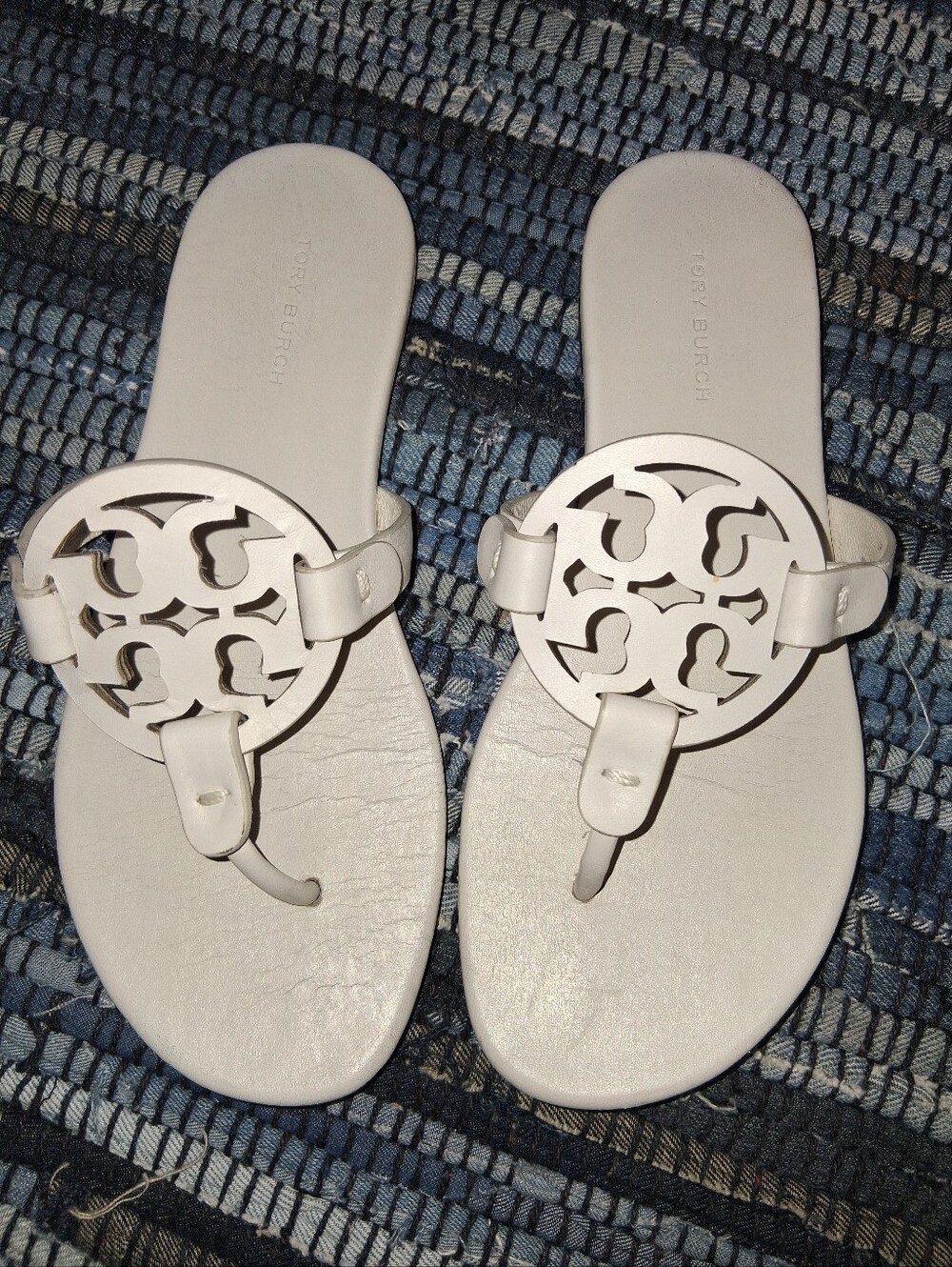 Tory Burch White Miller Logo Leather Thong Sandals SIZE 6
